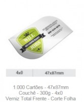 1.000 Cartões - 47x87mm Couchê - 300g - 4x0 Verniz Total Frente - Corte Folha